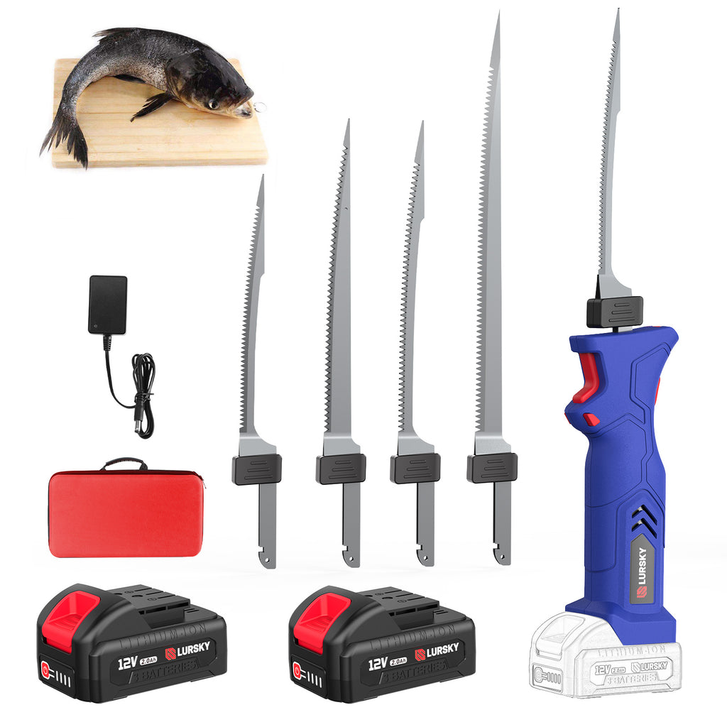 LURSKY Electric Fillet Knife- Cordless Rechargeable Fishing Knife with 4 Titanium Plating Stainless steel Blades, 12V High Torque Motor with Two 2.0Ah Batteries&Charger,Fishing, Filleting, Outdoors