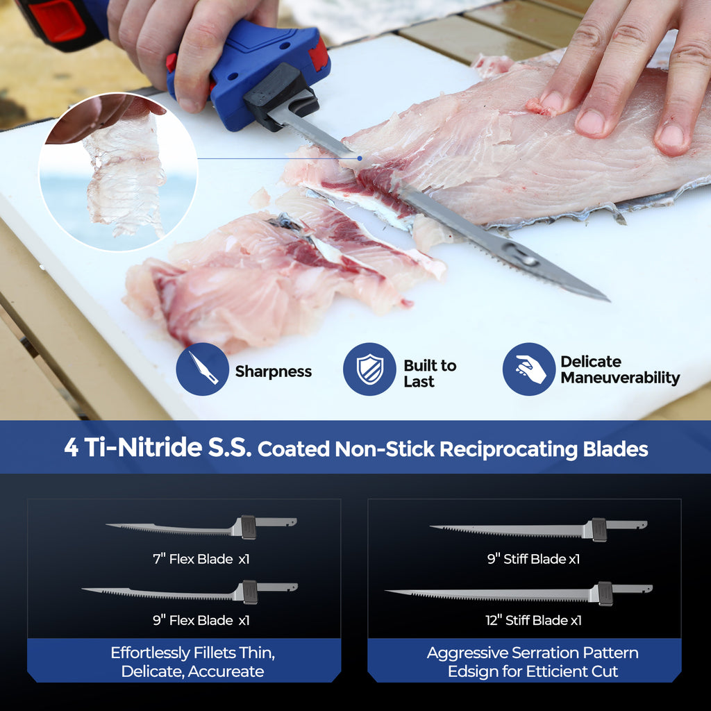 LURSKY Electric Fillet Knife- Cordless Rechargeable Fishing Knife with 4 Titanium Plating Stainless steel Blades, 12V High Torque Motor with Two 2.0Ah Batteries&Charger,Fishing, Filleting, Outdoors