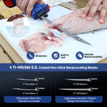 Load image into Gallery viewer, LURSKY Electric Fillet Knife- Cordless Rechargeable Fishing Knife with 4 Titanium Plating Stainless steel Blades, 12V High Torque Motor with Two 2.0Ah Batteries&amp;Charger,Fishing, Filleting, Outdoors