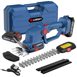 LURSKY 21V Cordless Hedge Trimmer Kit - Garden Maintenance 2-in-1 Grass Shear and Shrub Trimmer with 2.0Ah Batteries*2&Charger